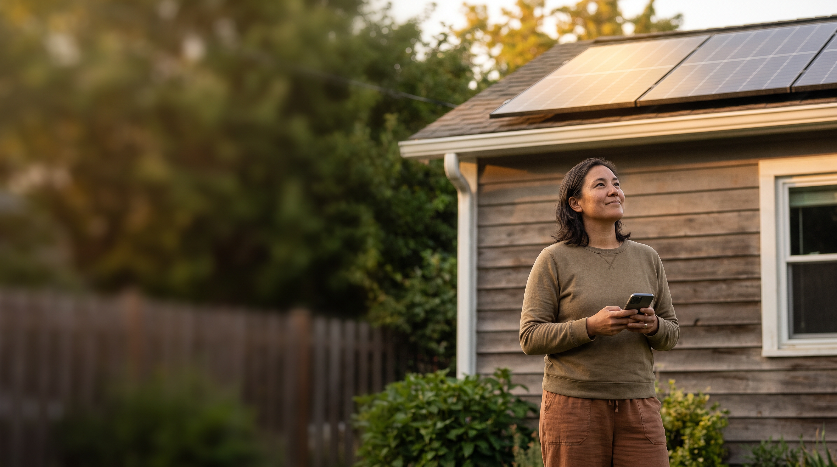 Homeowner standing outside a solar-equipped home, representing a clear path forward.